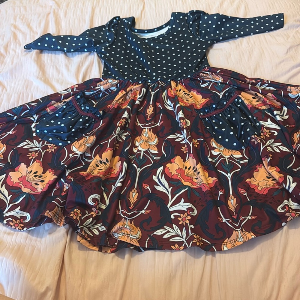 Charlie’s Project Kids Navy Polka Dot & Floral Long Sleeve Dress Girls size 7